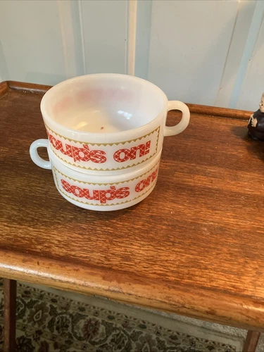 Vintage Glasbake Handle Soup Mug Cup Milk Glass Set 2 USA J-2711 Retro Kitchen