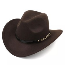 Brown Western Cowboy Hat Wide Brim Fedora Style with Chain Band for Men  Women