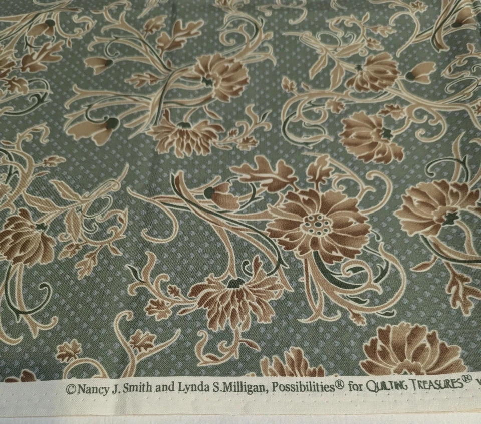 Green/Grey & Tan/Brown Floral & Swirls Cotton Fabric. 31" x WOF + + + - Image 3 of 3