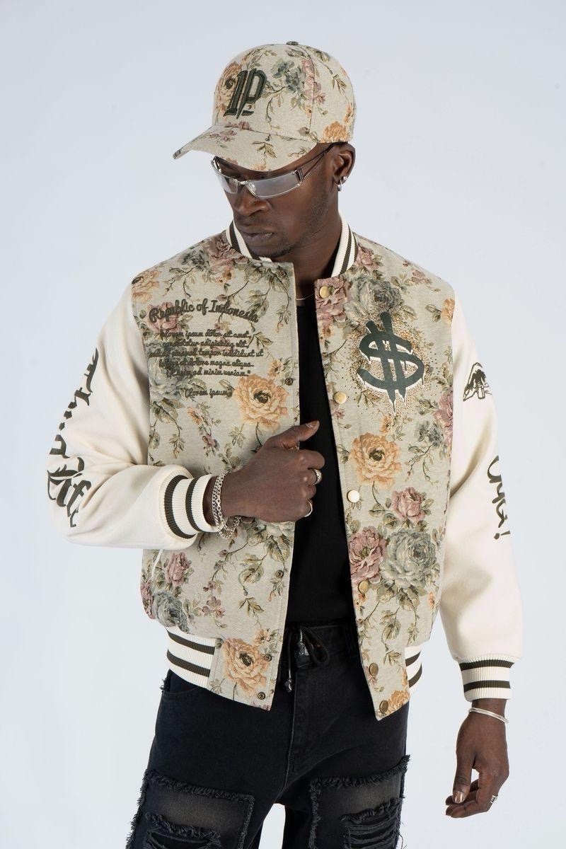 Embroidered Logo Snap Stand-up Collar Cream