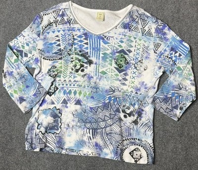 Jess & Jane Shirt Womens XL V Neck Long Sleeve Tribal Rhinestone Embellished