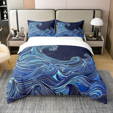 Ocean Wave Cotton Duvet Cover Set - Queen Size Nautical Bedding for Teens