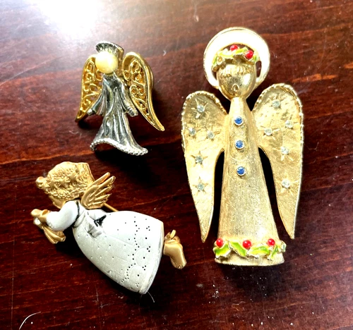 Vintage Angel Pins Brooch Lot Gold Silver Tone Signed Costume Jewelry Christmas