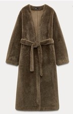 Zara ZW Collection Long Faux Fur Teddy Coat Brown Caramel Size 10-12