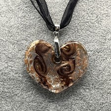Swirl Art Glass Heart Shaped Pendant Shimmer Glitter Necklace .925 Sterling Bail