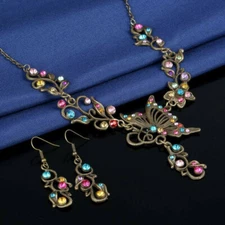 Retro Women Butterfly Flower Crystal Wedding Necklace Earrings Jewelry Set Hot