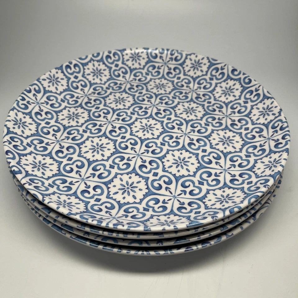 8 Pc Blue Malta Tile Pattern Melamine Plate & Bowl Set 4 Plc Settings Rachel Ray - Image 2 of 4