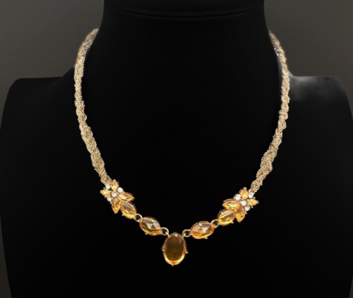 VINTAGE MONET Yellow & Clear Rhinestone Crystal Gold Tone Statement Necklace