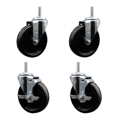 5 Inch Phenolic Wheel Swivel 3/4 Inch Threaded Stem Caster Set 2 Brakes SCC