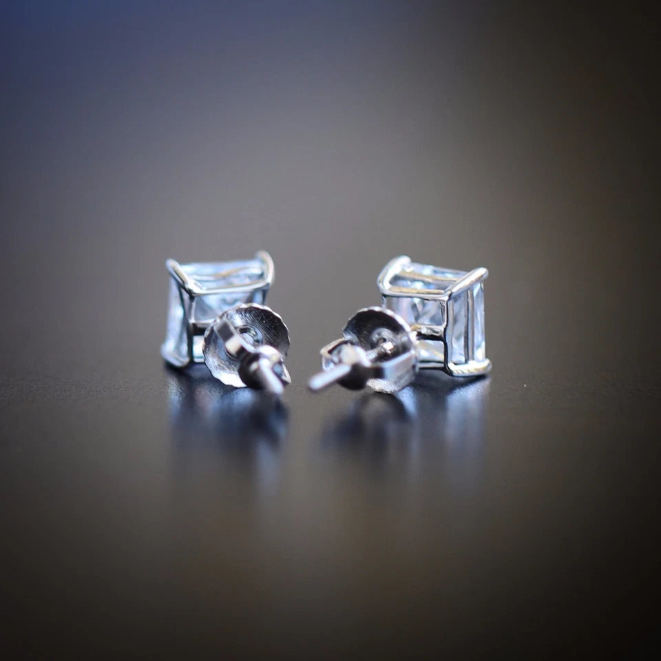 Solitaire Princess Cut Mens Sterling Silver Iced Cz Screw Back Stud Earrings - Image 3 of 3
