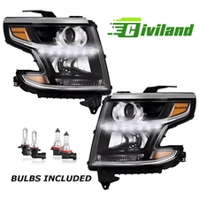 Pairs of 2015-2020 Chevy Tahoe Suburban LED DRL Projector Black Headlights Sets