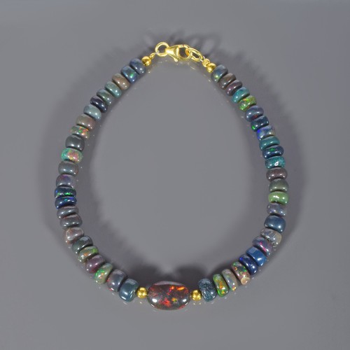 A+ Natural Multi Fire Black Opal Rondelle Beads 925 Silver 7.8" Strand Bracelet - 第 2/5 張圖片