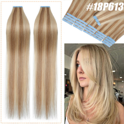 10-60PCS THICK Tape In Remy Human Hair Extensions Skin Weft FULL HEAD Blond 150g