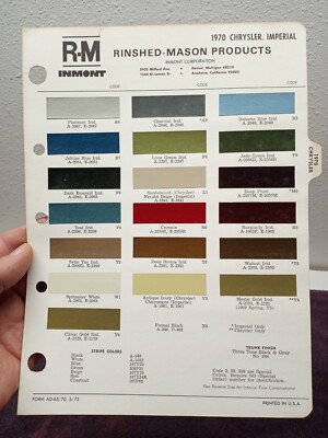 1970 CHRYSLER PAINT CHIP SHEET R-M INMONT CHART Form AD-65/70, 5/73 USA