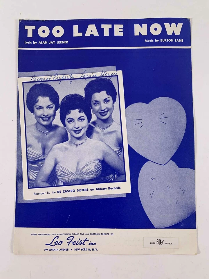 Sheet Music Too Late Now recorded The De Castro Sisters on Abbott Records   PA-9 - Image 2 of 4