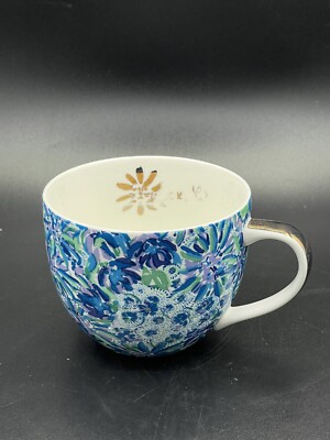 Lilly Pulitzer Tiger XX Lilly Blue Floral 12 Oz Coffee Tea Cup Mug USED