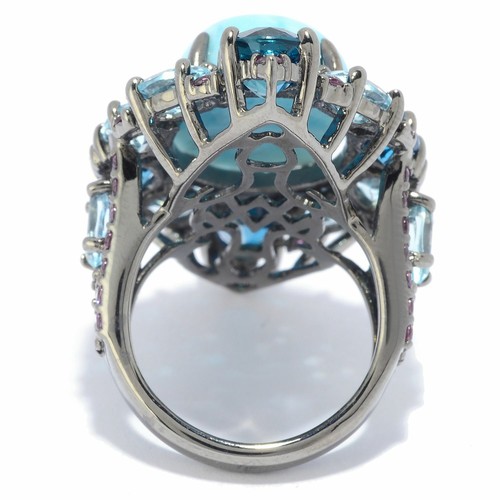 Meher's Jewelry 18 x 13mm Oval Larimar & Multi Gem Halo Sterling Silver Ring 6&7 - Picture 4 of 5