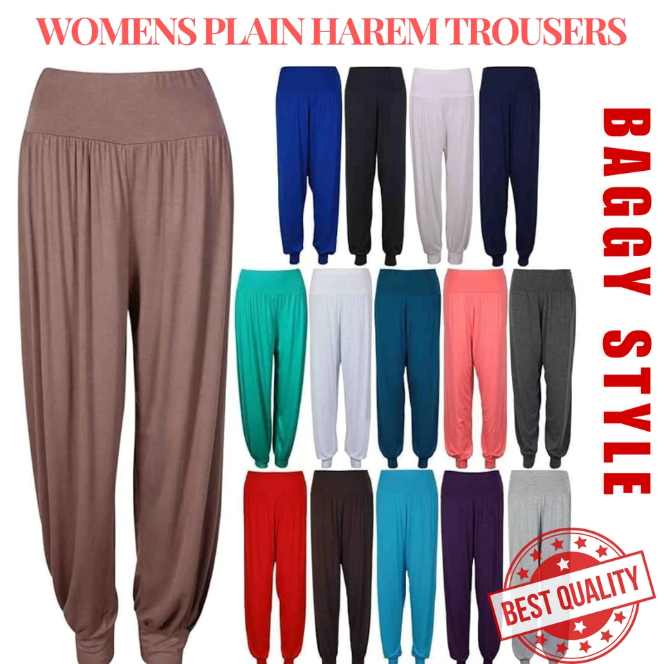 Womens Plain Harem Trousers Pants Ali Baba Leggings Baggy Stretchy & Full Length - Image 2 of 3