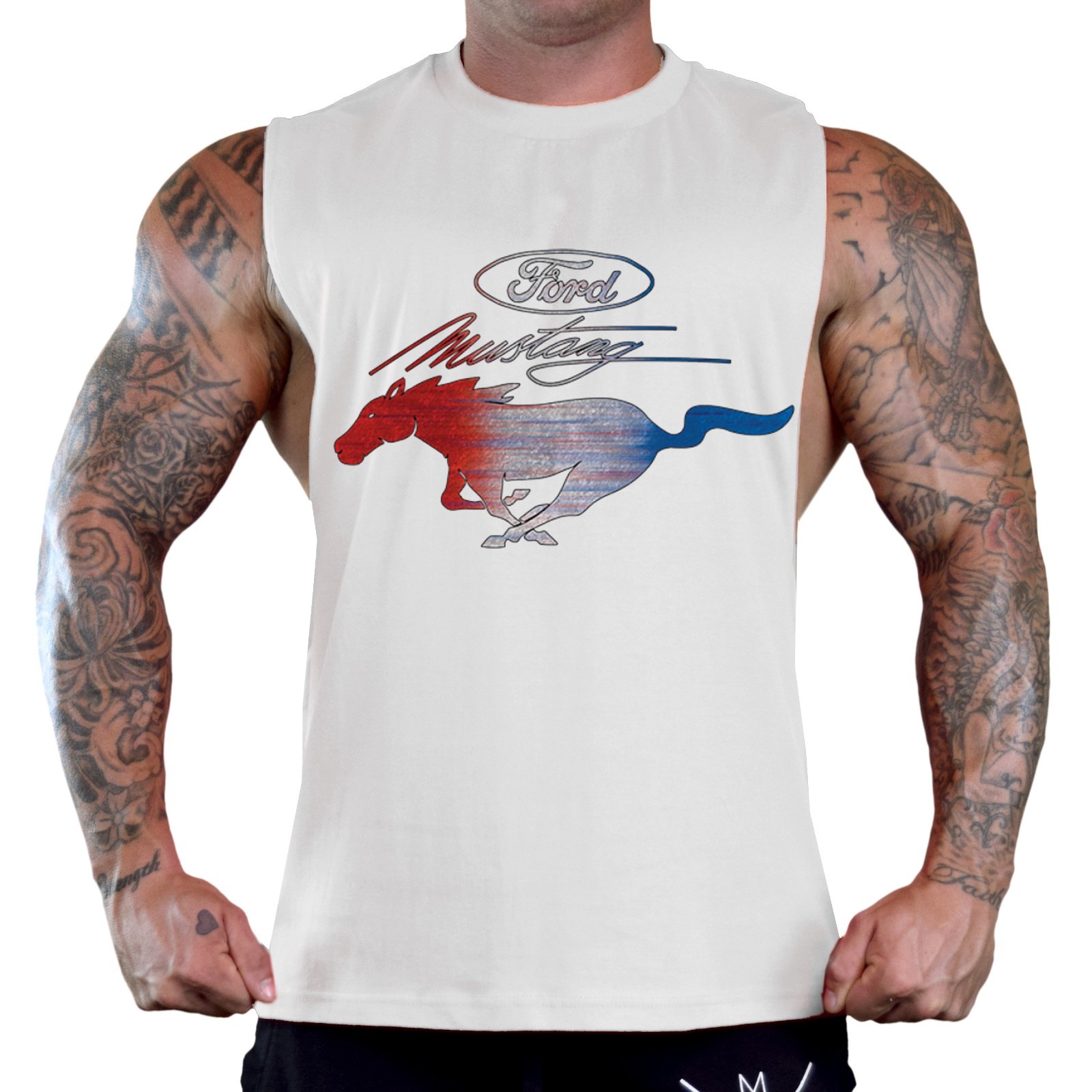 Men's Ford Mustang Red White u0026 Blue White Workout Tank Top Deep Cut Muscle  Car | eBay
