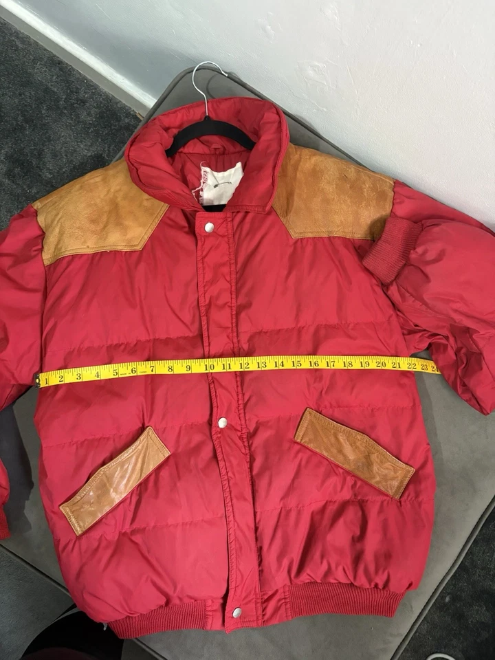 Vintage 80s/90s Red Heavy Puffer JacketGenuine Suede Western Panels L - Image 2 of 2