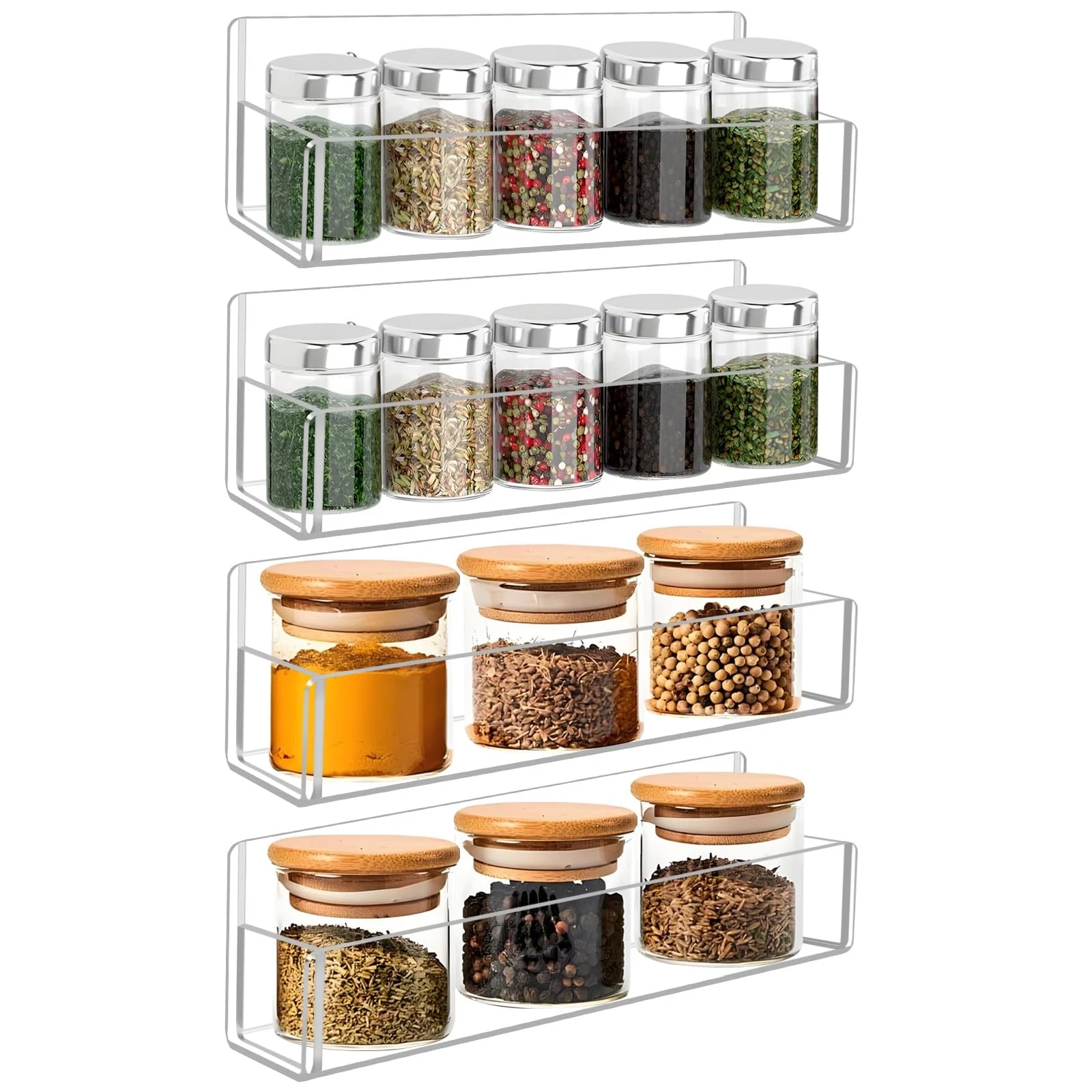 Acrylic Spice Rack Wall Mount-9 Inch, Clear Spice Shelf Storage Holder, 4 Pac...