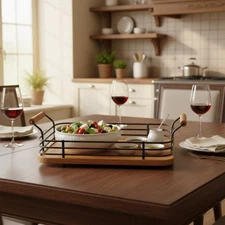 3pc Nesting Wood & Black Metal Serving Tray Set