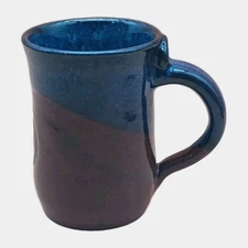 Hand Thrown Terracotta Art Pottery Mug Blue Drip Glaze Over Maroon SIGNED Moki