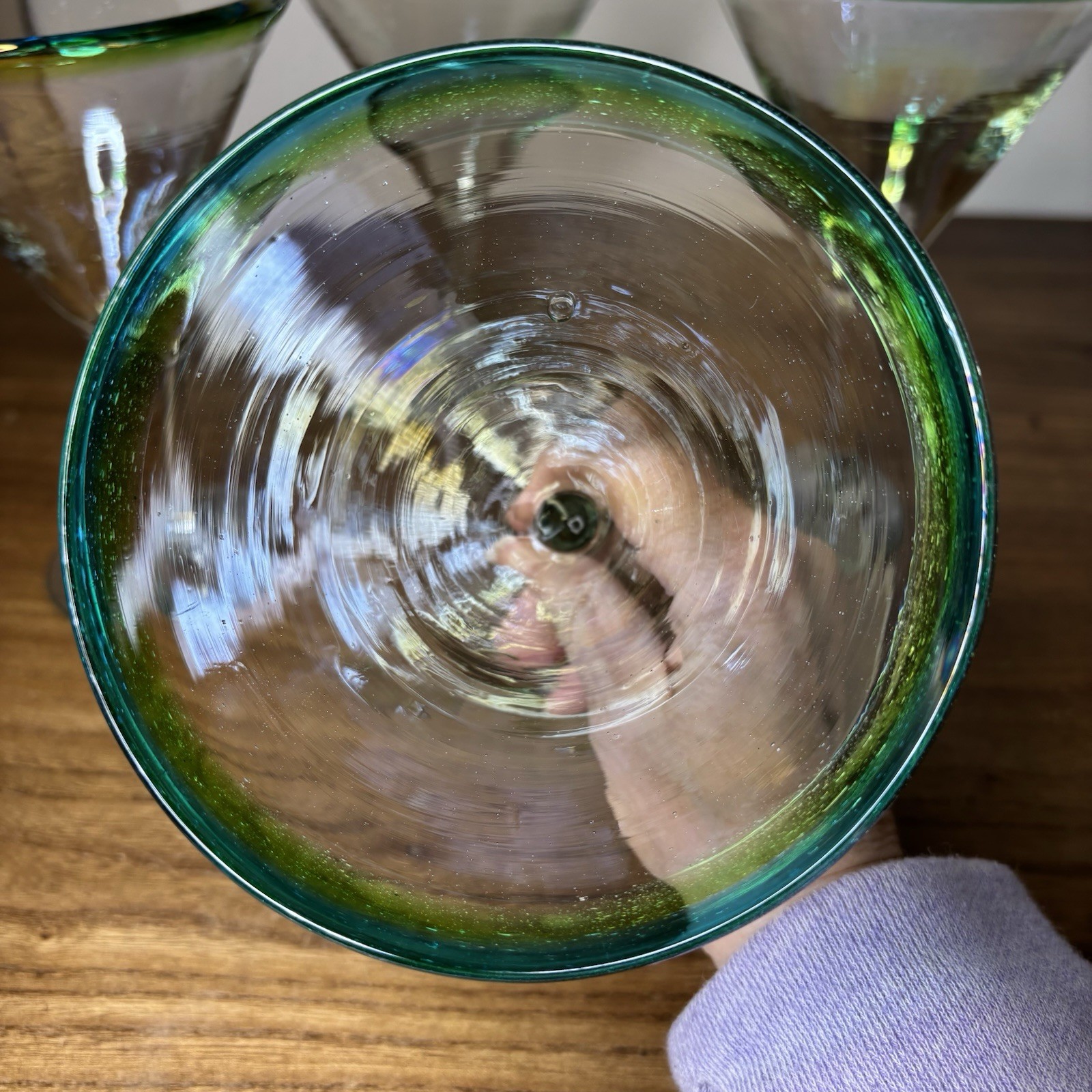 4 Iridescent Mexico Martini Margarita Glasses Glass Blue Green Rim Hand Blown