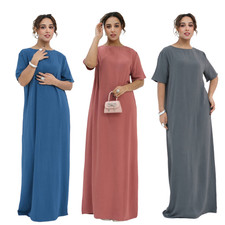 Soild Color Abaya Women Muslim Short Sleeve Maxi Dress Turkey Islamic Robes Gown