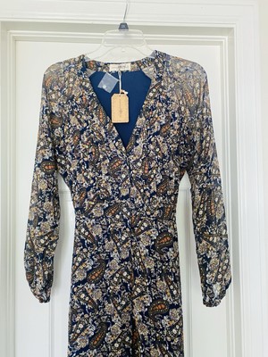 NWT Natural Life Blue Paisley Floral Dress LS Sparkly BackTie Button Up Lined S