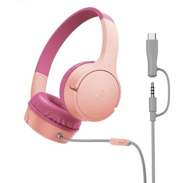 Belkin SoundForm Mini wired headphones for kids w/USB C~0.138 in dongle built-in
