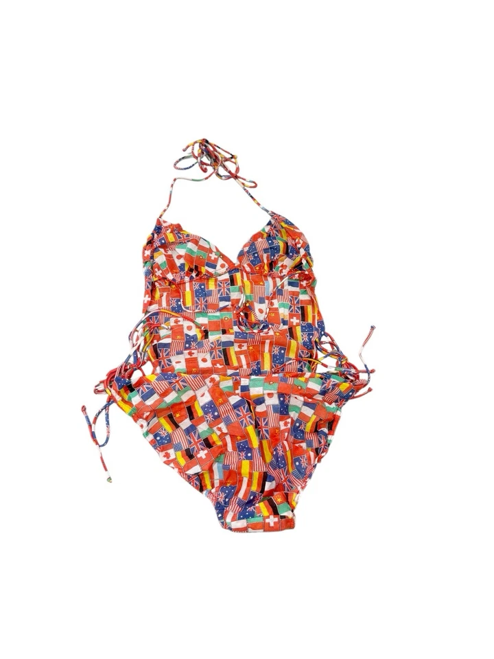 Винтажный комбинезон ткани флаг желтовато-коричневый через цельный купальник 70-х/80-х женщин XS? - Изображение 3 из 4