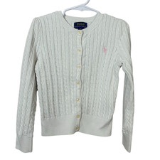Polo Ralph Lauren Girls Cable Knit Cardigan Sweater 6X White Pink Pony Cotton