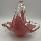 Vintage Mid Century Pink And Clear Art Glass Basket Murano Style