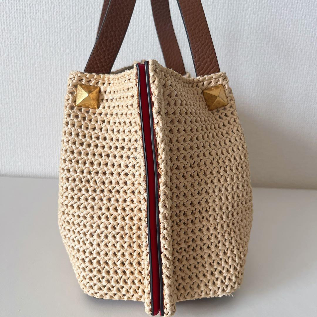 Valentino Garavani Rockstud Straw Tote 2Way Shoulder Bag Natural Brown thumbnail 3
