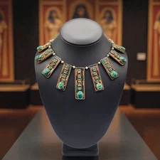 Antique 1920s Egyptian Revival Faience Brass Bib Necklace Scarab Panels Art Deco