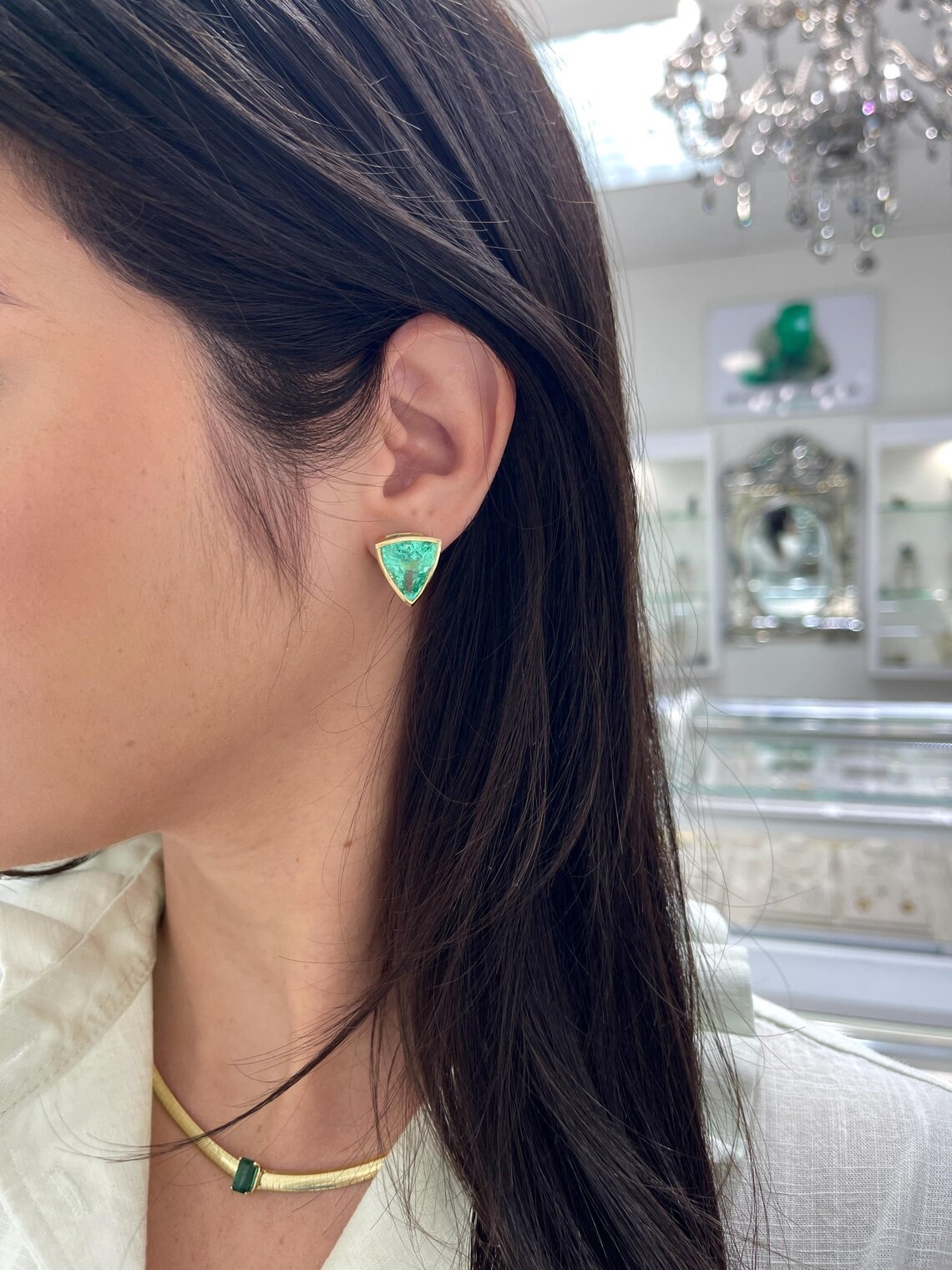 15.76tcw RARE LARGE Trillion Cut Colombian Emerald Bezel Set Omega Earrings 18K image 7