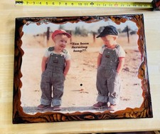 Vintage Osh-Kosh Overalls Framed Picture Farming Boys ?Wood Art? Polyurethane.