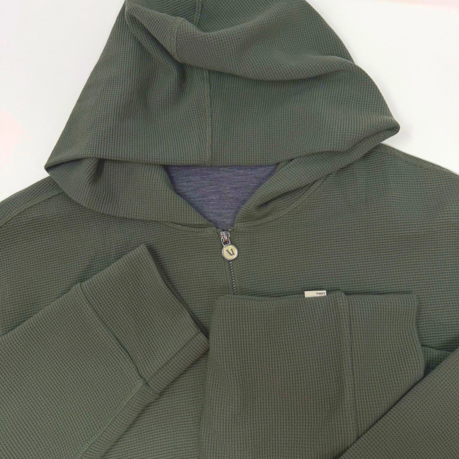 Vuori Mens Large Waffle Knit Full Zip Hoodie Olive Green Thermal Lined Jacket