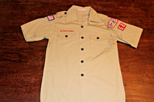 Boy Scouts of America BSA Youth Shirt Tan Large Sewn Patches Short Sleeve