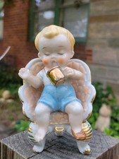 VTG Japan Toddler Boy In Chair Figurine Glazed Porcelain Gold Trim One Shoe 4.5"