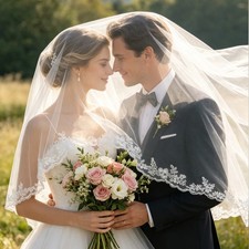 V571 Vintage Lace Edge Bridal Veil, Single Layer Long Wedding Veil for Wedding