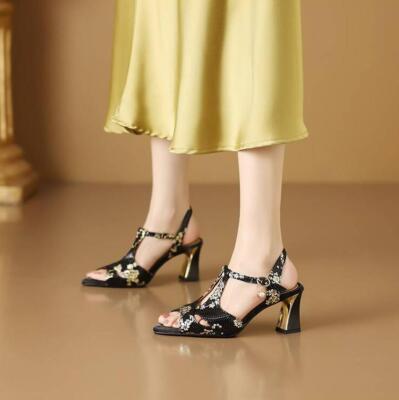 Womens Summer Hollow Peep Toe Block Heel Sandals Floral High Heel Daily Pumps