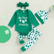 1st St Patrick's Day Baby Girl Boy Bodysuit Pants Hat  Headband Outfit Set