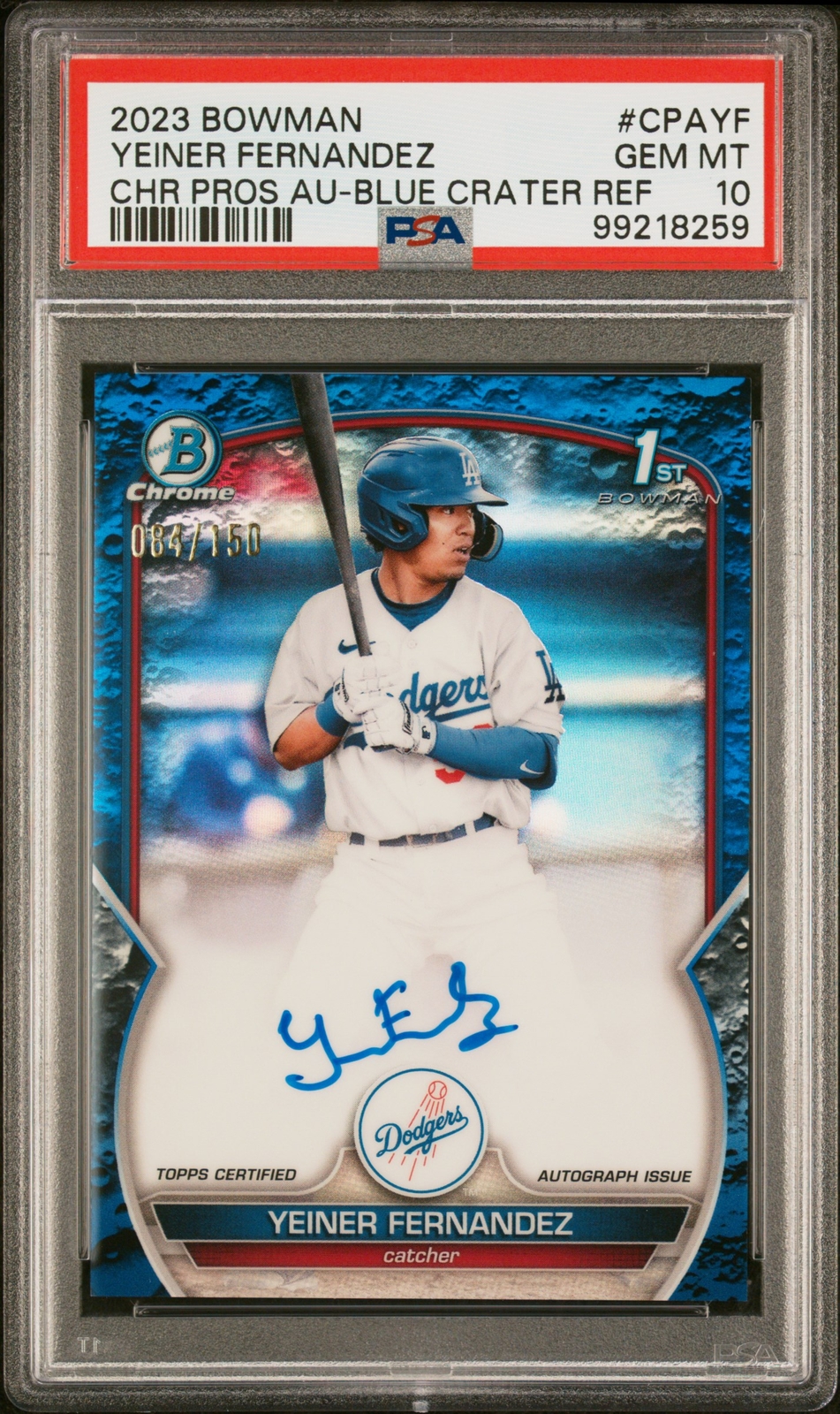 2023 1st Bowman Chrome Yeiner Fernandez Blue Crater Refract Auto /150  PSA 10