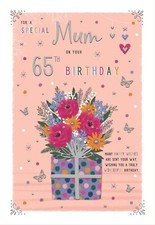 Mum 65th Birthday - Luxury Card - Flowers In A Box - Gold Butterflies