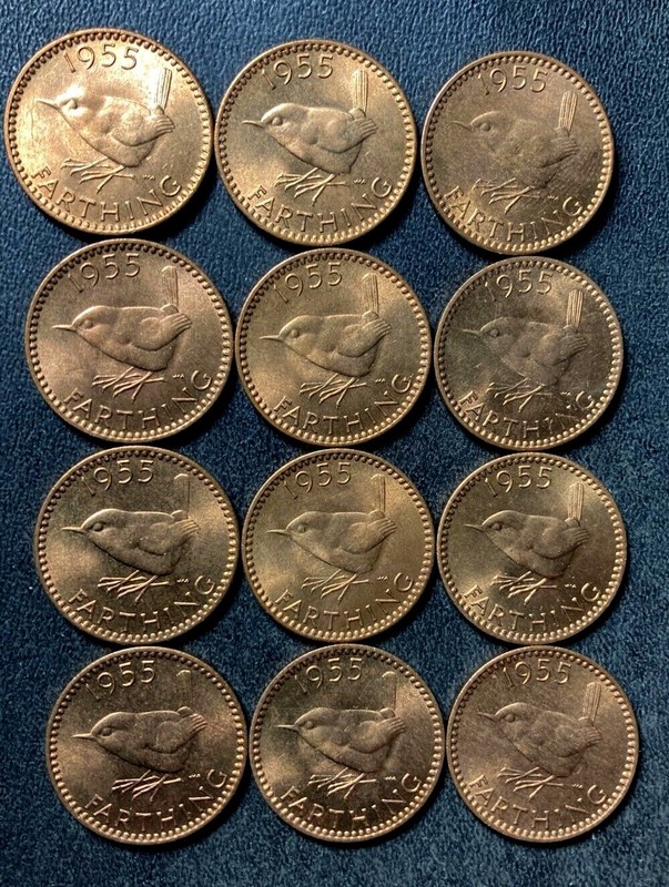 Vintage Great Britain Coin Lot - 1955 - FARTHINGS - 12 Uncirculated Coins - #U23