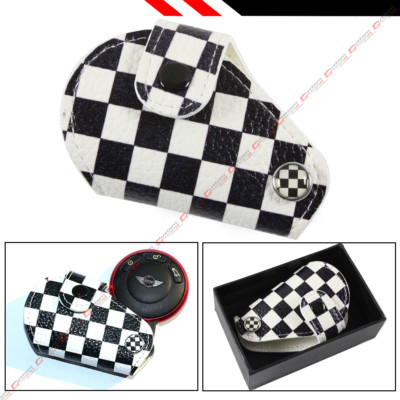 FOR 08-18 MINI COOPER BLK WHITE CHECKERED FLAG LOGO LEATHER KEY FOB HOLDER POUCH