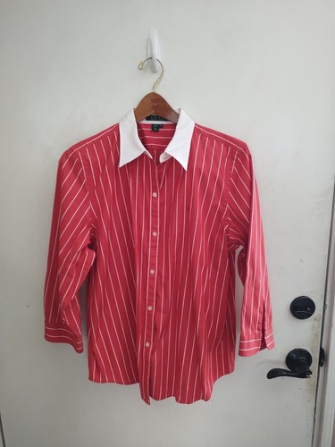 Women's Ralph Lauren Red and White Button Up Long Sleeve Shirt ~ L
