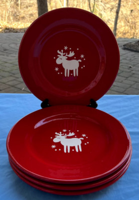 Set 4 Waechtersbach Red Christmas Emma Reindeer / Moose Dinner Plates Excellent